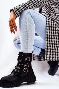 Outlet Botki Wiązane Łańcuch Sprzączka Czarne Reiloy Damskie Botki Sznurowane|Czarne Botki