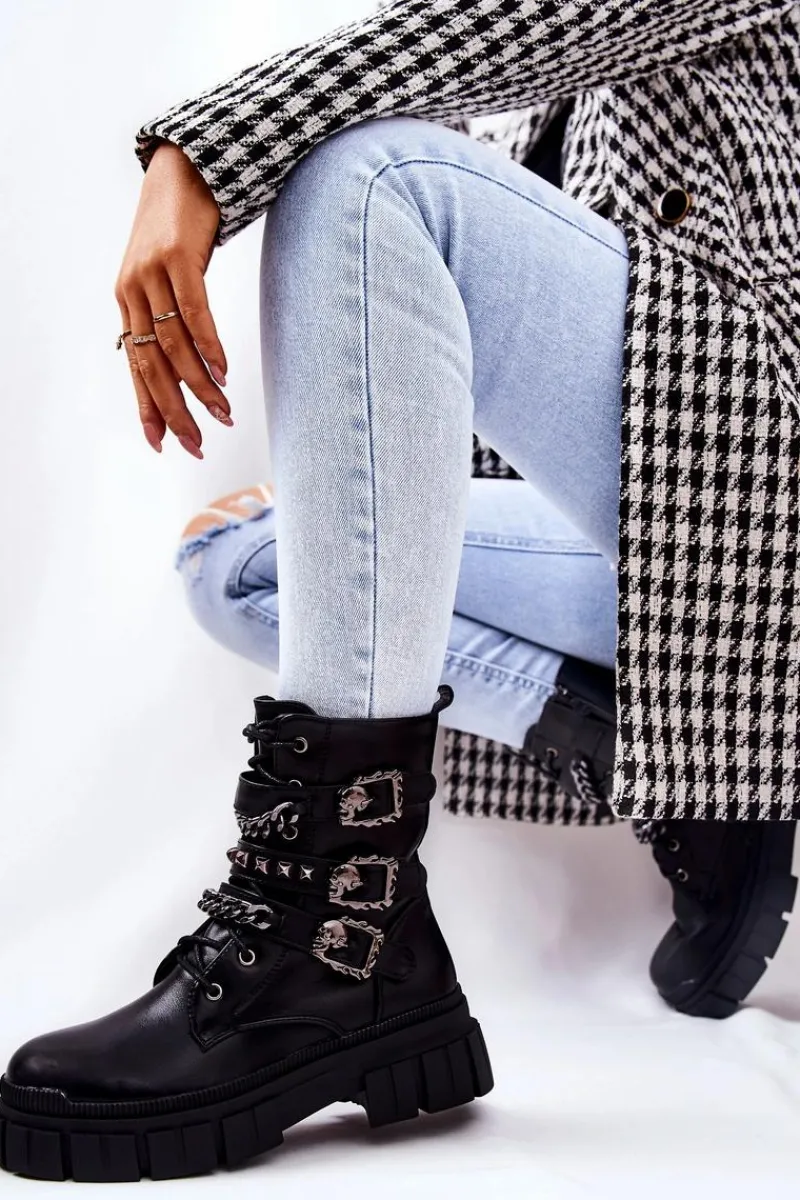 Outlet Botki Wiązane Łańcuch Sprzączka Czarne Reiloy Damskie Botki Sznurowane|Czarne Botki