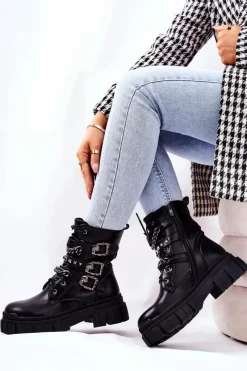 Outlet Botki Wiązane Łańcuch Sprzączka Czarne Reiloy Damskie Botki Sznurowane|Czarne Botki