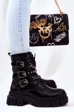 Outlet Botki Wiązane Łańcuch Sprzączka Czarne Reiloy Damskie Botki Sznurowane|Czarne Botki