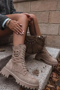 Botki Sznurowane|Brązowe I Beżowe Botki>Boto Botki Wokrery Damskie Z Ozdobnym Elementem Ocieplane Beżowe Kalindra