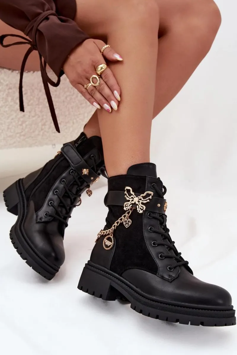 Botki Ocieplane|Botki Sznurowane>Boto Botki Workery Damskie Ocieplane Ze Złotym Łańcuchem I Zawieszkami Czarne Ravine