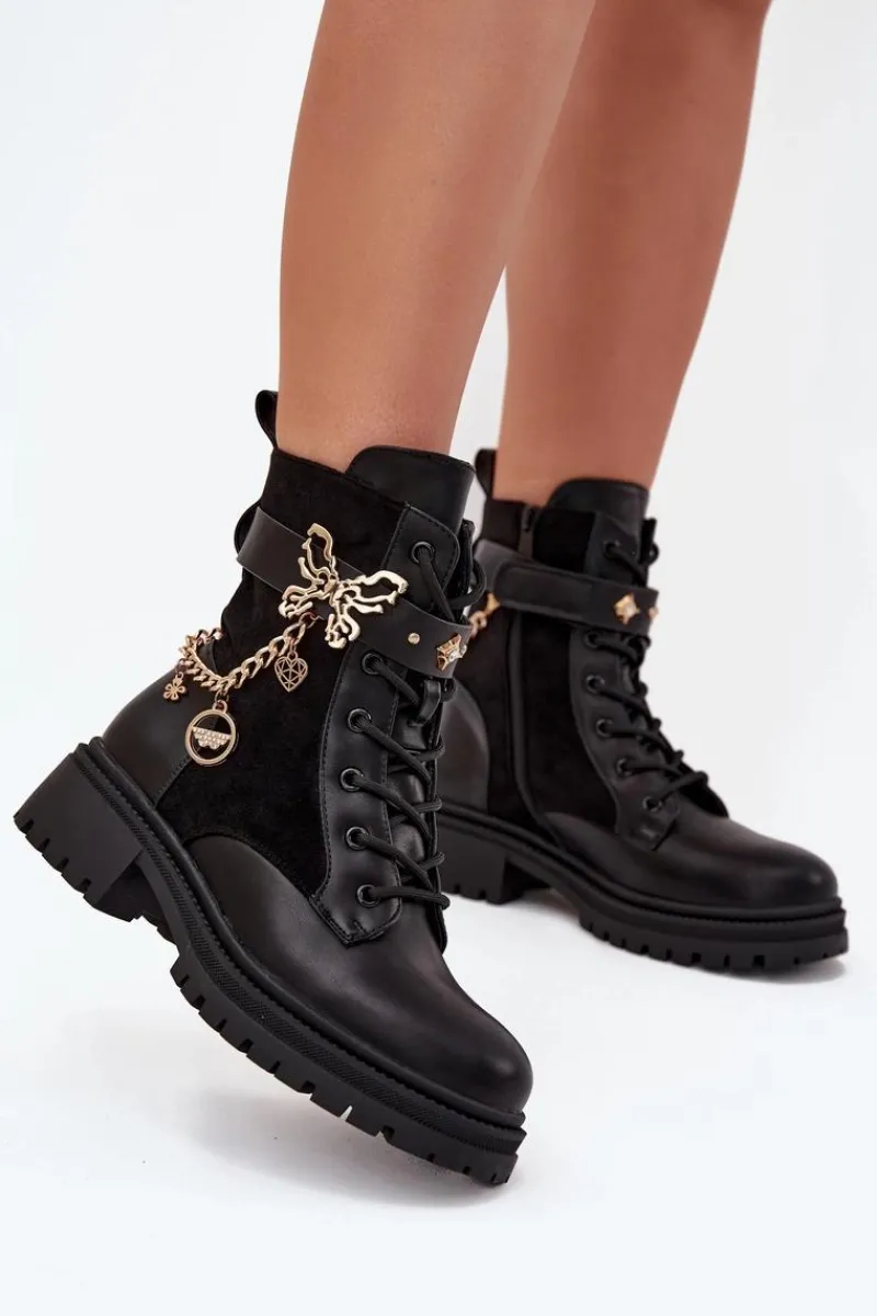 Botki Ocieplane|Botki Sznurowane>Boto Botki Workery Damskie Ocieplane Ze Złotym Łańcuchem I Zawieszkami Czarne Ravine