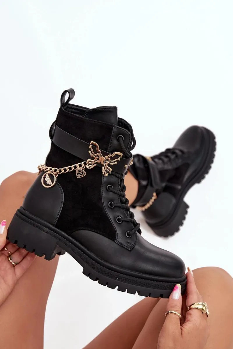 Botki Ocieplane|Botki Sznurowane>Boto Botki Workery Damskie Ocieplane Ze Złotym Łańcuchem I Zawieszkami Czarne Ravine