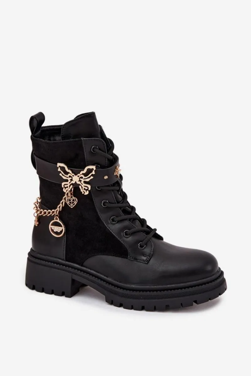 Botki Ocieplane|Botki Sznurowane>Boto Botki Workery Damskie Ocieplane Ze Złotym Łańcuchem I Zawieszkami Czarne Ravine