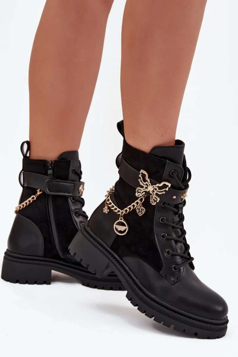 Botki Ocieplane|Botki Sznurowane>Boto Botki Workery Damskie Ocieplane Ze Złotym Łańcuchem I Zawieszkami Czarne Ravine
