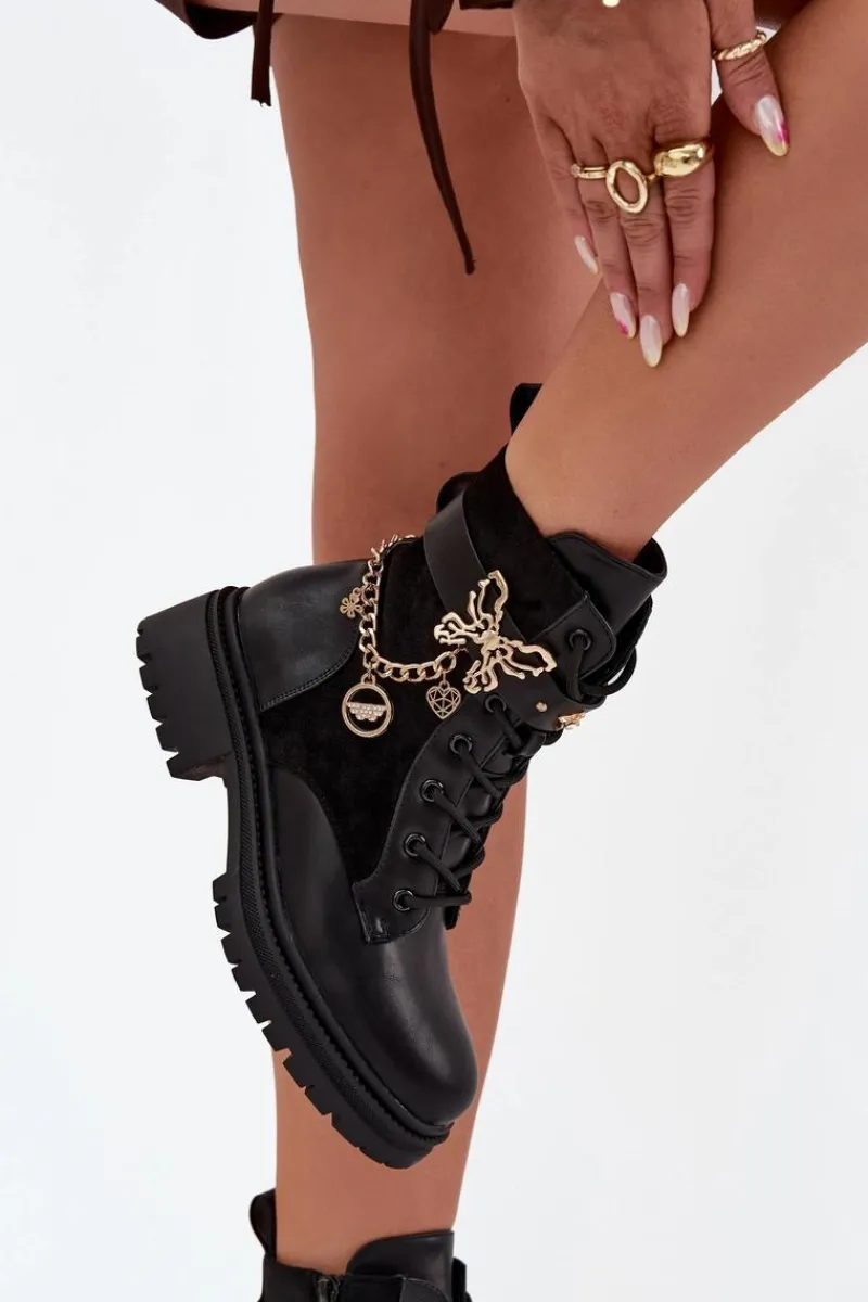 Botki Ocieplane|Botki Sznurowane>Boto Botki Workery Damskie Ocieplane Ze Złotym Łańcuchem I Zawieszkami Czarne Ravine