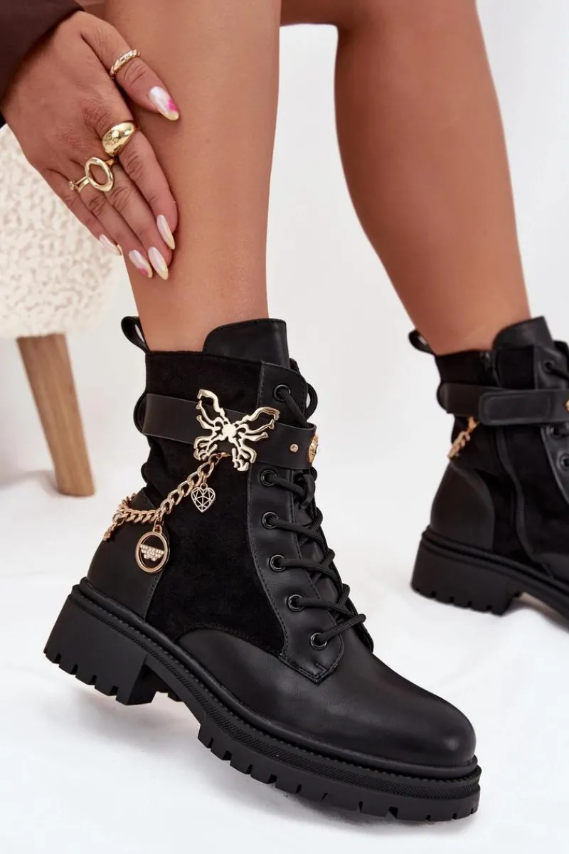 Botki Ocieplane|Botki Sznurowane>Boto Botki Workery Damskie Ocieplane Ze Złotym Łańcuchem I Zawieszkami Czarne Ravine