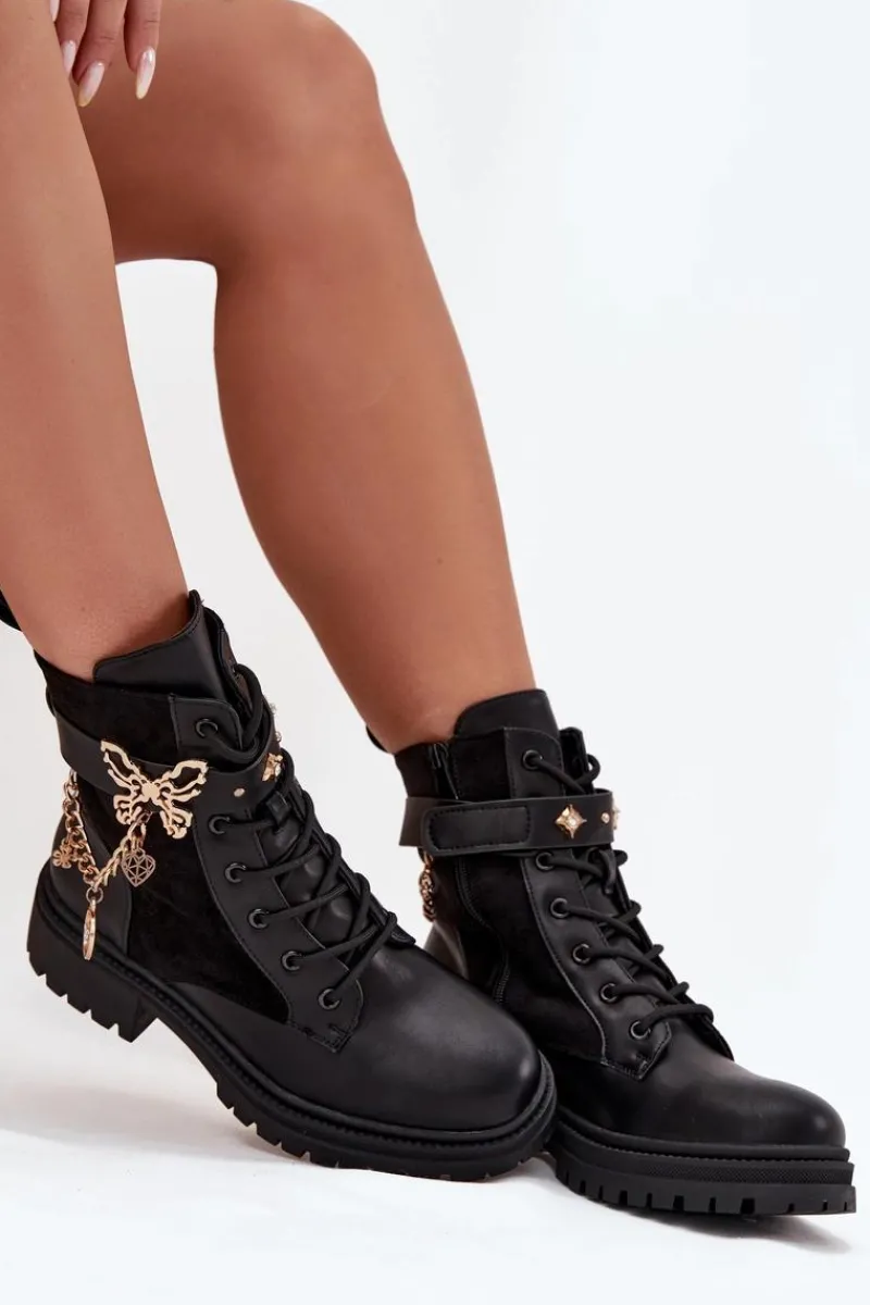 Botki Ocieplane|Botki Sznurowane>Boto Botki Workery Damskie Ocieplane Ze Złotym Łańcuchem I Zawieszkami Czarne Ravine