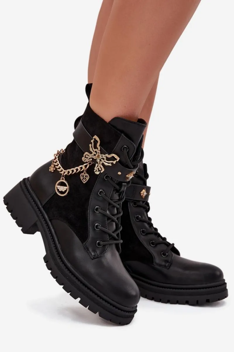 Botki Ocieplane|Botki Sznurowane>Boto Botki Workery Damskie Ocieplane Ze Złotym Łańcuchem I Zawieszkami Czarne Ravine