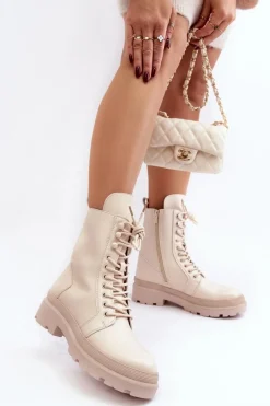 Botki Sznurowane|Brązowe I Beżowe Botki>Boto Botki Workery Damskie Ekoskóra Jasnobeżowe Irande Beżowy