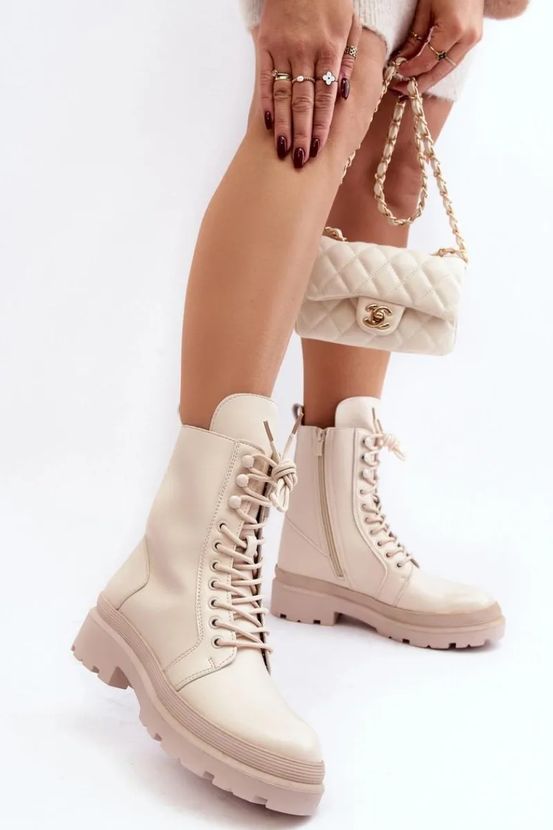 Botki Sznurowane|Brązowe I Beżowe Botki>Boto Botki Workery Damskie Ekoskóra Jasnobeżowe Irande Beżowy