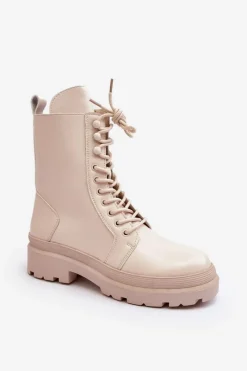 Botki Sznurowane|Brązowe I Beżowe Botki>Boto Botki Workery Damskie Ekoskóra Jasnobeżowe Irande Beżowy
