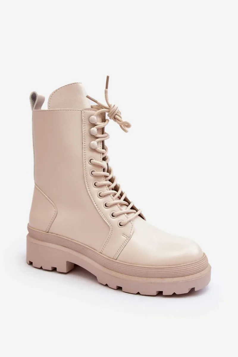 Botki Sznurowane|Brązowe I Beżowe Botki>Boto Botki Workery Damskie Ekoskóra Jasnobeżowe Irande Beżowy