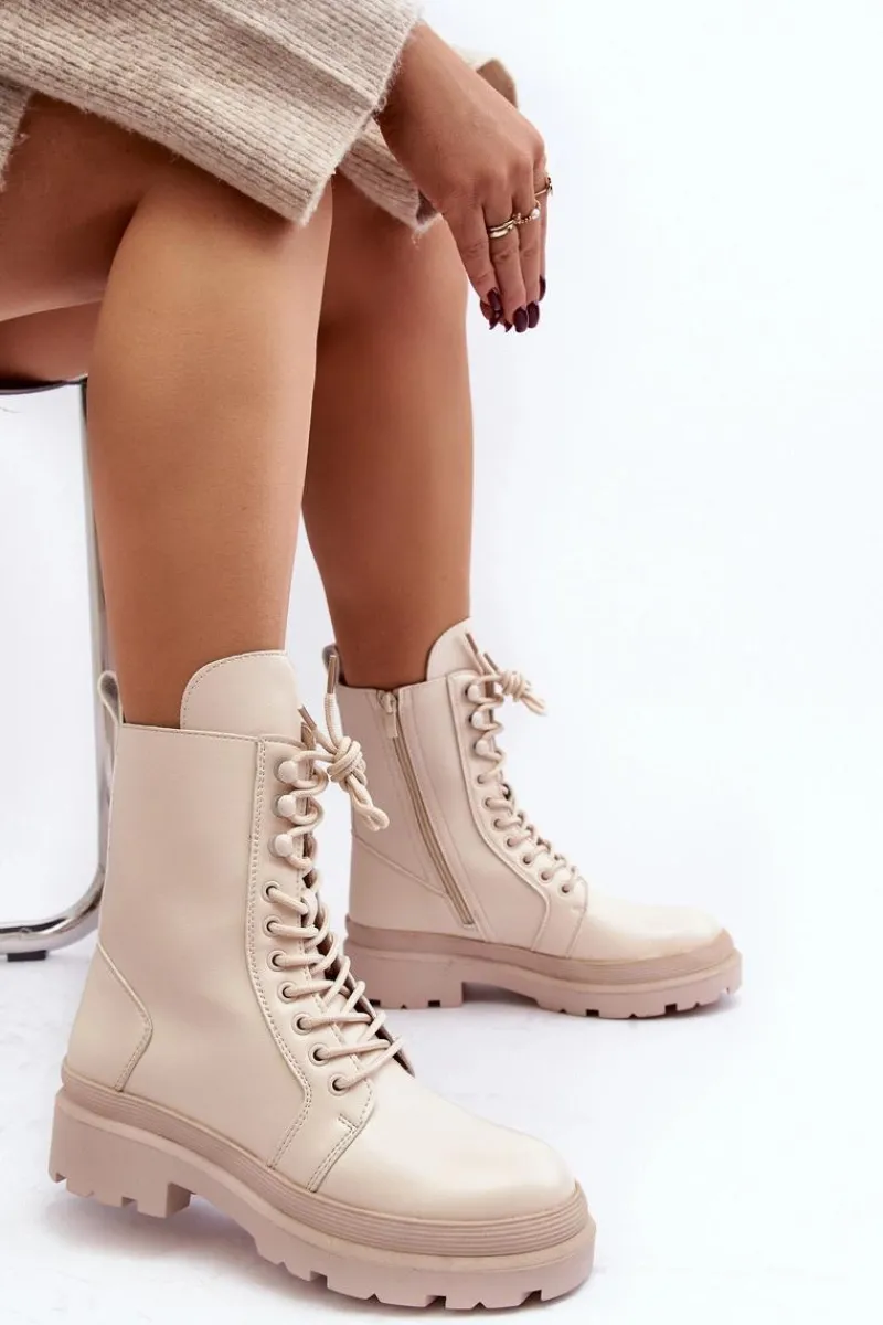 Botki Sznurowane|Brązowe I Beżowe Botki>Boto Botki Workery Damskie Ekoskóra Jasnobeżowe Irande Beżowy