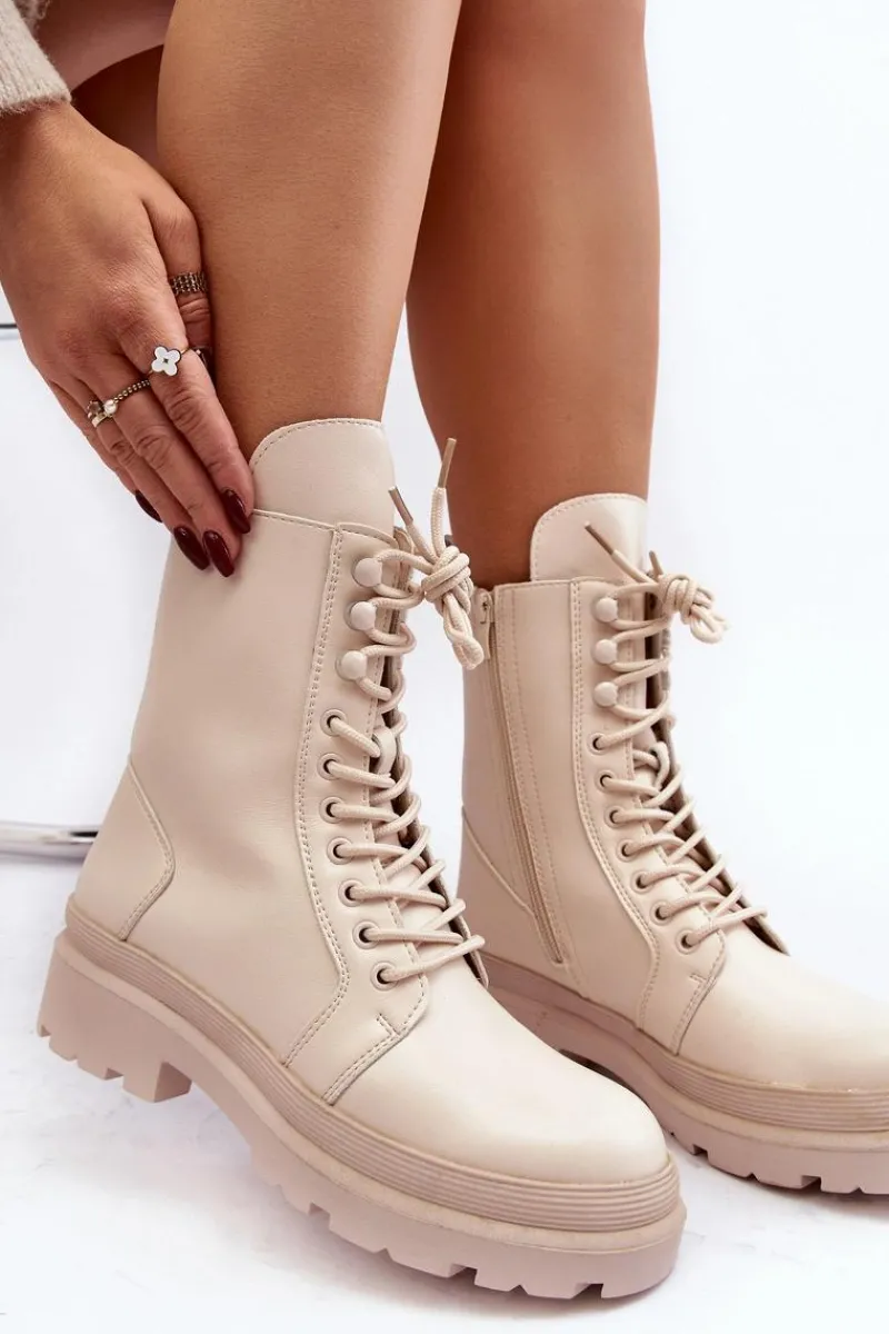 Botki Sznurowane|Brązowe I Beżowe Botki>Boto Botki Workery Damskie Ekoskóra Jasnobeżowe Irande Beżowy