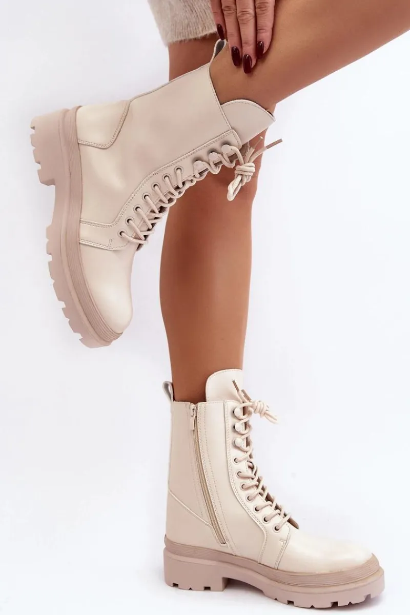 Botki Sznurowane|Brązowe I Beżowe Botki>Boto Botki Workery Damskie Ekoskóra Jasnobeżowe Irande Beżowy