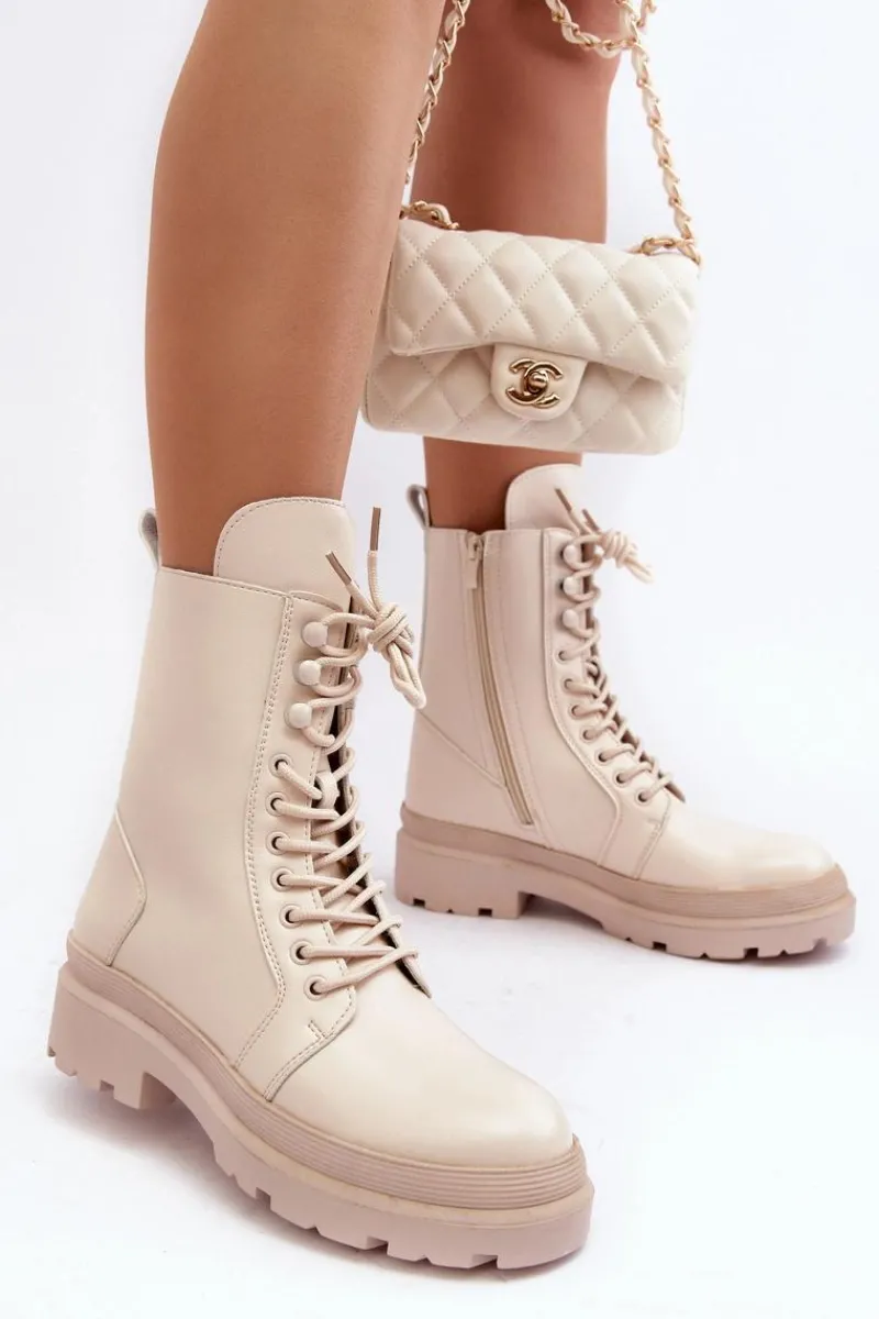 Botki Sznurowane|Brązowe I Beżowe Botki>Boto Botki Workery Damskie Ekoskóra Jasnobeżowe Irande Beżowy