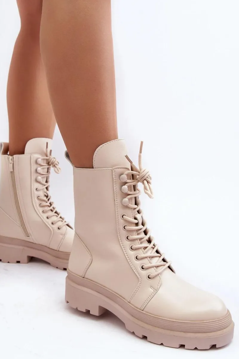 Botki Sznurowane|Brązowe I Beżowe Botki>Boto Botki Workery Damskie Ekoskóra Jasnobeżowe Irande Beżowy