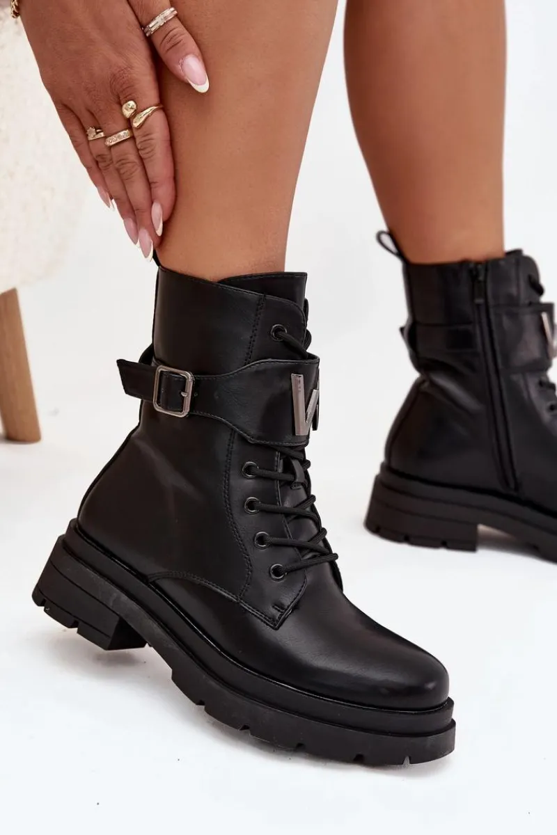 Outlet Botki Workery Damskie Eko Skórzane Z Ozdobnym Paskiem Czarne Ylianne Damskie Botki Ocieplane|Botki Sznurowane