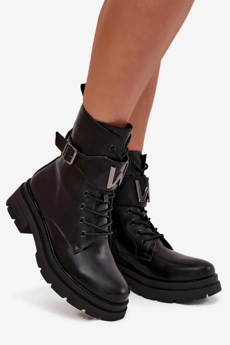 Outlet Botki Workery Damskie Eko Skórzane Z Ozdobnym Paskiem Czarne Ylianne Damskie Botki Ocieplane|Botki Sznurowane