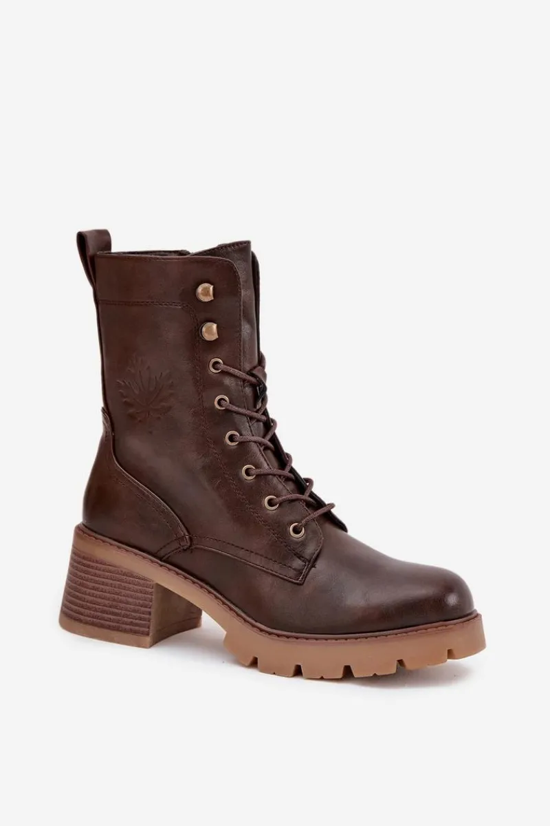 Botki Ocieplane|Botki Sznurowane>Buty damskie Vinceza Botki Workery Damskie Na Klocku Ocieplane Vinceza 89136 Brązowe