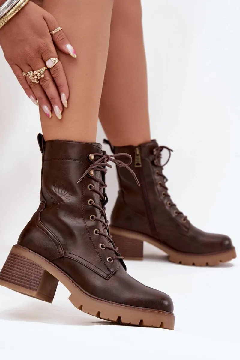 Botki Ocieplane|Botki Sznurowane>Buty damskie Vinceza Botki Workery Damskie Na Klocku Ocieplane Vinceza 89136 Brązowe