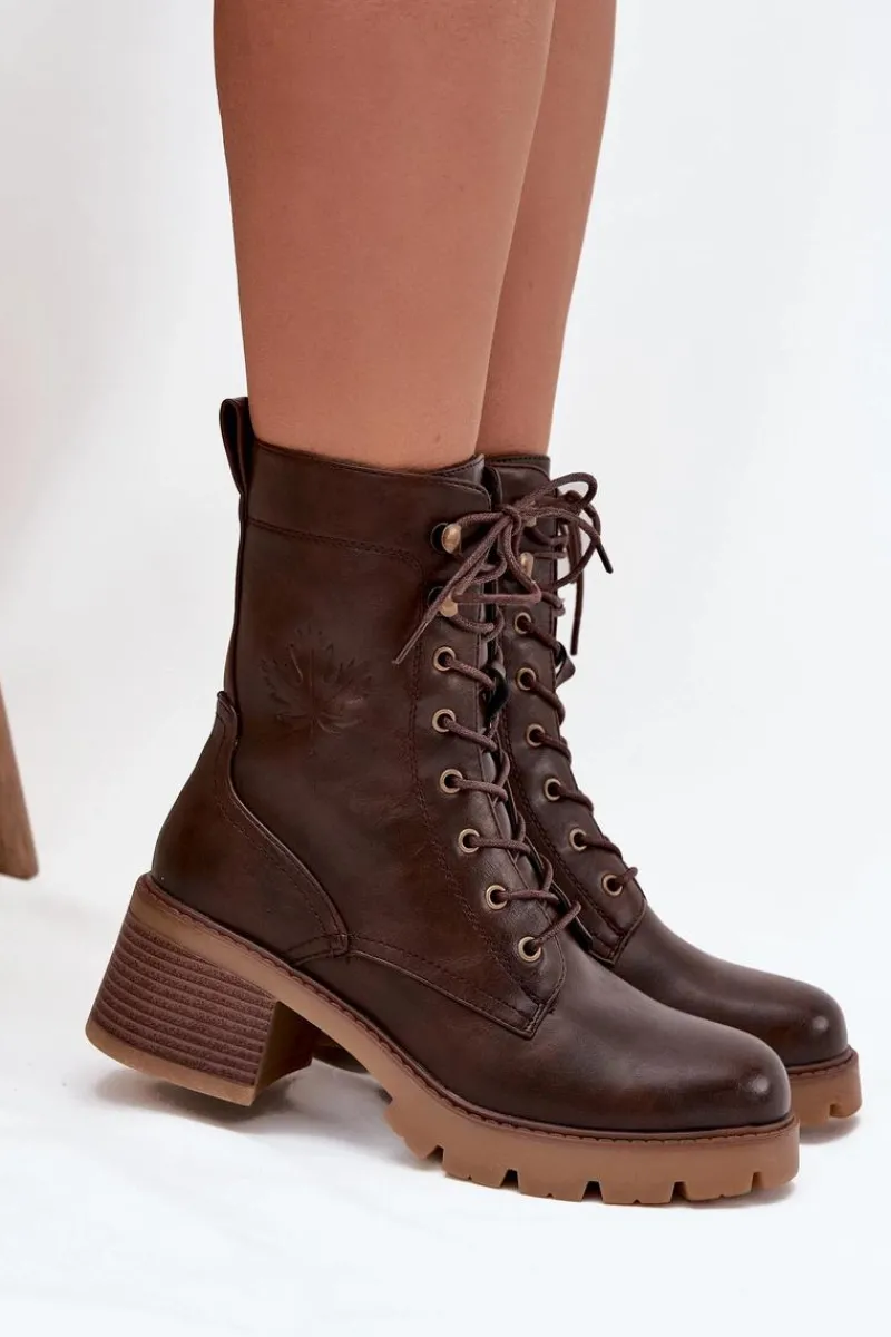 Botki Ocieplane|Botki Sznurowane>Buty damskie Vinceza Botki Workery Damskie Na Klocku Ocieplane Vinceza 89136 Brązowe