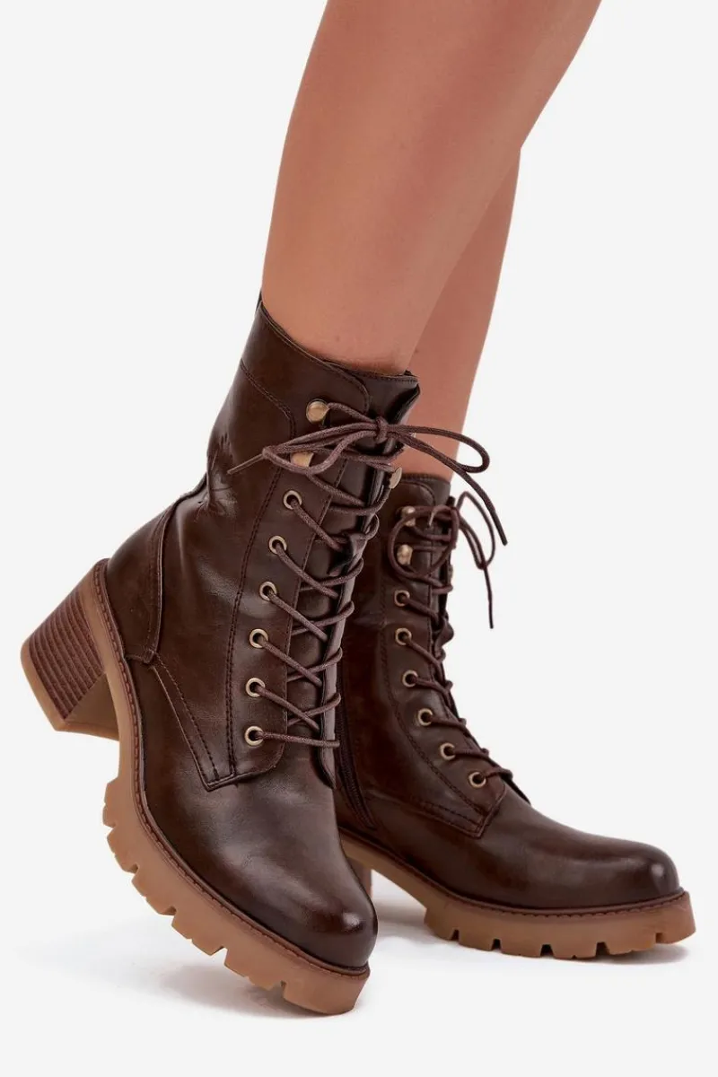 Botki Ocieplane|Botki Sznurowane>Buty damskie Vinceza Botki Workery Damskie Na Klocku Ocieplane Vinceza 89136 Brązowe