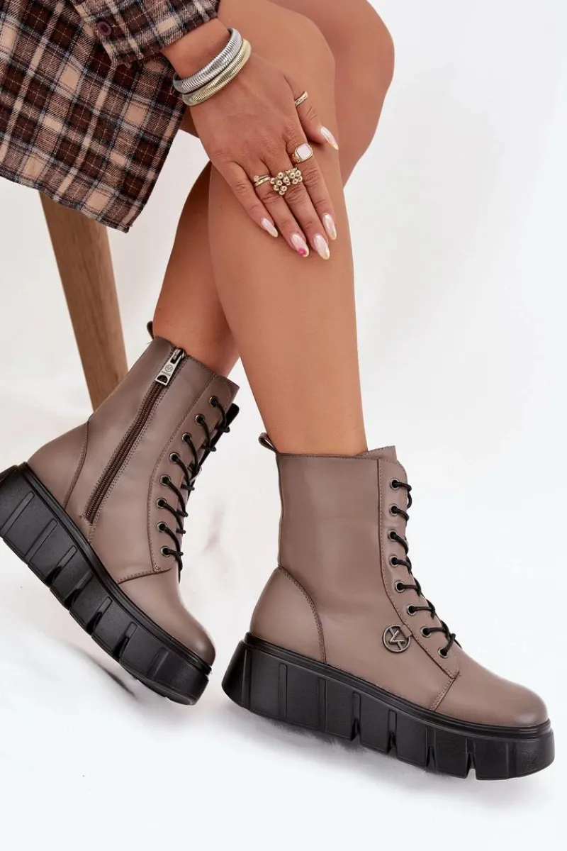 Botki Ocieplane|Botki Na Koturnie>Buty damskie Vinceza Botki Workery Damskie Na Platformie Ocieplane Vinceza 58588 Ciemnobeżowe Beżowy