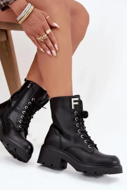 New Botki Workery Damskie Na Klocku Ocieplane Z Literą F Czarne Lurina Damskie Botki Ocieplane|Botki Sznurowane