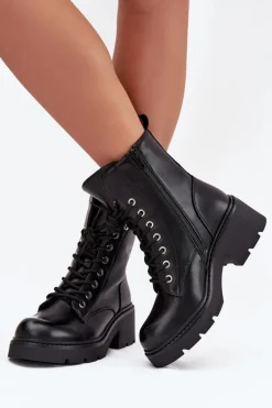 New Botki Workery Damskie Na Klocku Ocieplane Z Literą F Czarne Lurina Damskie Botki Ocieplane|Botki Sznurowane