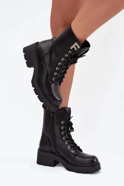 New Botki Workery Damskie Na Klocku Ocieplane Z Literą F Czarne Lurina Damskie Botki Ocieplane|Botki Sznurowane