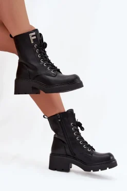 New Botki Workery Damskie Na Klocku Ocieplane Z Literą F Czarne Lurina Damskie Botki Ocieplane|Botki Sznurowane