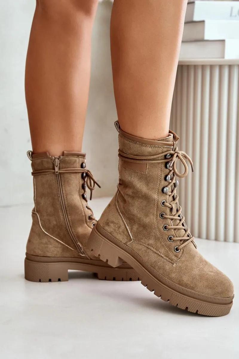 Sale Botki Workery Damskie Na Zamek Z Eko Zamszu Ciemnobeżowe Savalann Damskie Botki Sznurowane|Botki Płaskie