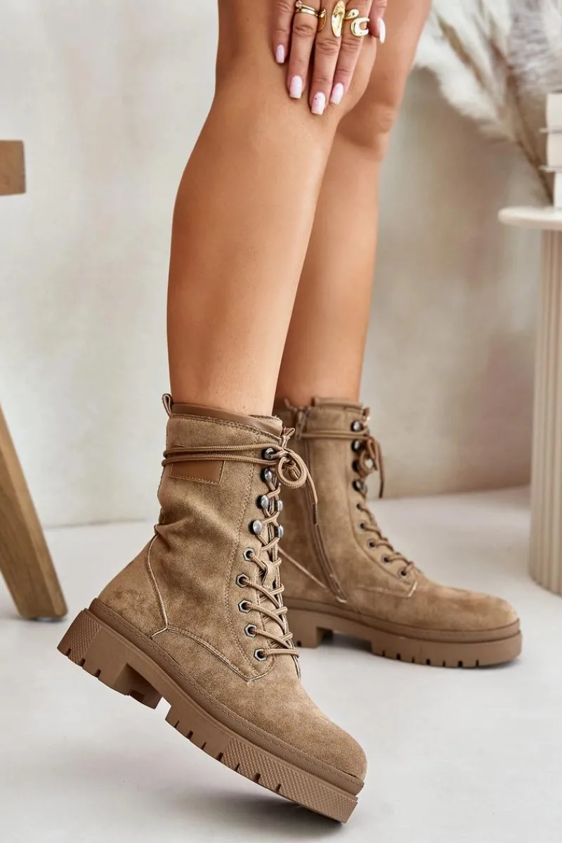Sale Botki Workery Damskie Na Zamek Z Eko Zamszu Ciemnobeżowe Savalann Damskie Botki Sznurowane|Botki Płaskie