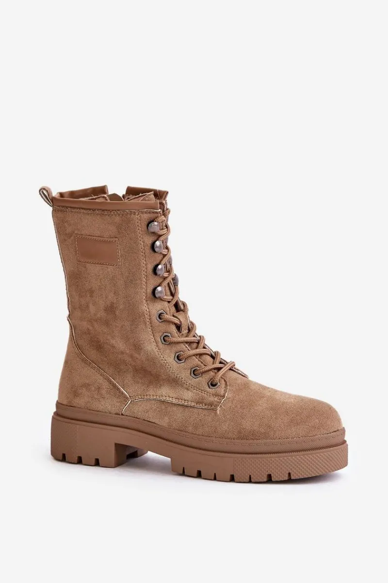 Sale Botki Workery Damskie Na Zamek Z Eko Zamszu Ciemnobeżowe Savalann Damskie Botki Sznurowane|Botki Płaskie