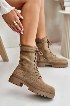 Sale Botki Workery Damskie Na Zamek Z Eko Zamszu Ciemnobeżowe Savalann Damskie Botki Sznurowane|Botki Płaskie