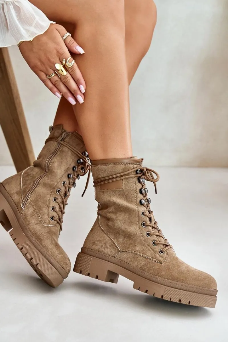 Sale Botki Workery Damskie Na Zamek Z Eko Zamszu Ciemnobeżowe Savalann Damskie Botki Sznurowane|Botki Płaskie