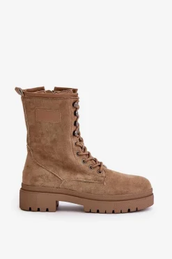 Sale Botki Workery Damskie Na Zamek Z Eko Zamszu Ciemnobeżowe Savalann Damskie Botki Sznurowane|Botki Płaskie