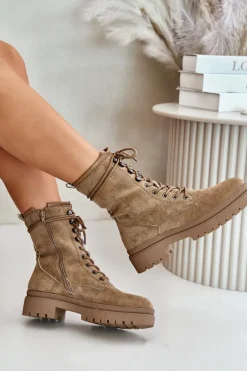 Sale Botki Workery Damskie Na Zamek Z Eko Zamszu Ciemnobeżowe Savalann Damskie Botki Sznurowane|Botki Płaskie