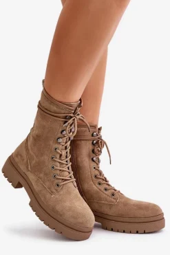 Sale Botki Workery Damskie Na Zamek Z Eko Zamszu Ciemnobeżowe Savalann Damskie Botki Sznurowane|Botki Płaskie