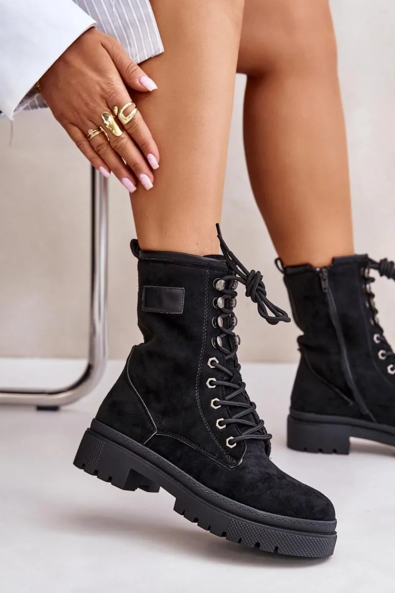Botki Ocieplane|Botki Sznurowane>Boto Botki Workery Damskie Na Zamek Z Eko Zamszu Czarne Savalann Czarny