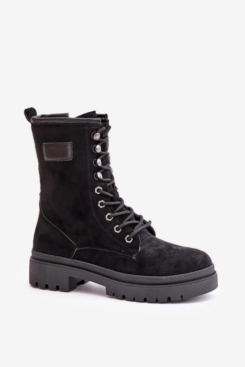 Botki Ocieplane|Botki Sznurowane>Boto Botki Workery Damskie Na Zamek Z Eko Zamszu Czarne Savalann Czarny