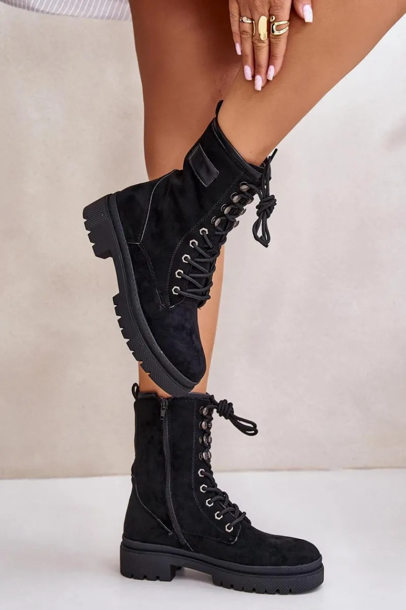 Botki Ocieplane|Botki Sznurowane>Boto Botki Workery Damskie Na Zamek Z Eko Zamszu Czarne Savalann Czarny