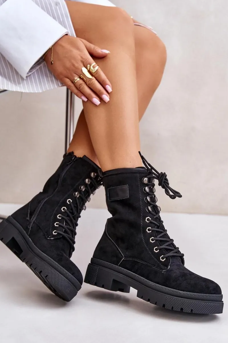 Botki Ocieplane|Botki Sznurowane>Boto Botki Workery Damskie Na Zamek Z Eko Zamszu Czarne Savalann Czarny