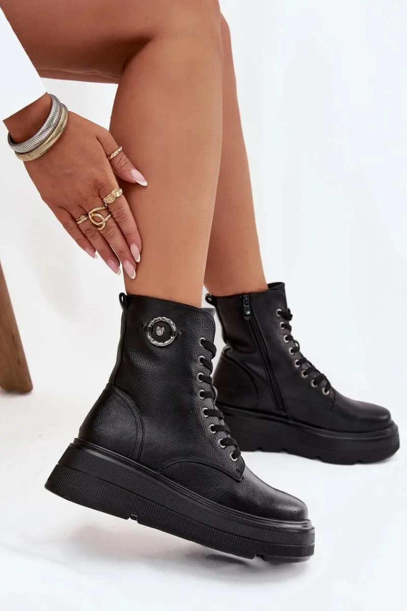 Botki Ocieplane|Botki Na Koturnie>Buty damskie Vinceza Botki Workery Damskie Ocieplane Na Platformie Z Ozdobnym Detalem Vinceza 16513 Czarne