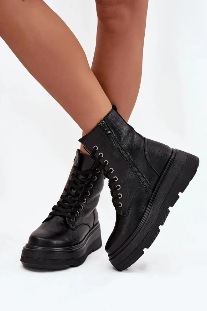 Botki Ocieplane|Botki Na Koturnie>Buty damskie Vinceza Botki Workery Damskie Ocieplane Na Platformie Z Ozdobnym Detalem Vinceza 16513 Czarne