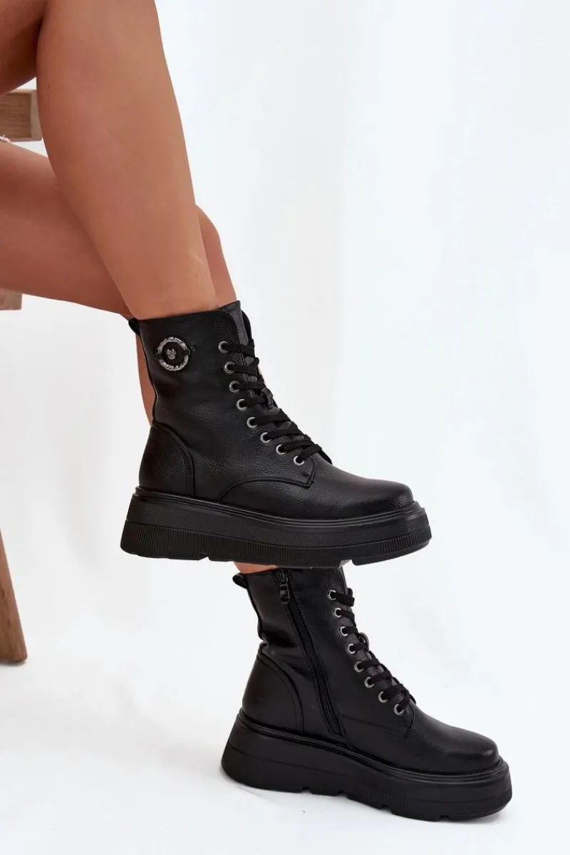 Botki Ocieplane|Botki Na Koturnie>Buty damskie Vinceza Botki Workery Damskie Ocieplane Na Platformie Z Ozdobnym Detalem Vinceza 16513 Czarne