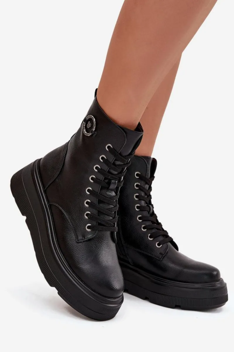 Botki Ocieplane|Botki Na Koturnie>Buty damskie Vinceza Botki Workery Damskie Ocieplane Na Platformie Z Ozdobnym Detalem Vinceza 16513 Czarne